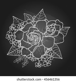 Graphic floral card. Vector leaves and flowers in cute vignette isolated on chalkboard. Wedding style decorations in balck and white colors