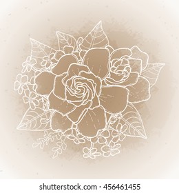 Graphic floral card. Vector leaves and flowers in cute vignette isolated on aged texture. Wedding style decorations in brawn colors. Coloring book page design for adults and kids