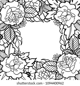 Graphic floral card. Vector vintage design drawn in old school tattoo style. Coloring book page for adults and kids