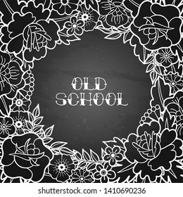 Graphic floral card. Vector vintage design drawn in old school tattoo style