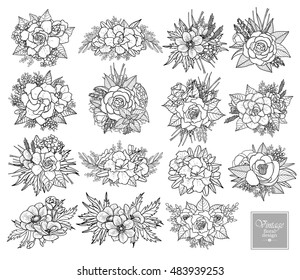 Graphic floral collection. Vector leaves and flowers in cute vignettes isolated on white background. Wedding style decorations in black and white colors. Coloring book page design for adults and kids