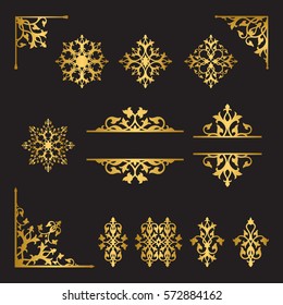 Graphic floral corners, decor and borders in gold color on black background. Inspired by old islamic ornaments