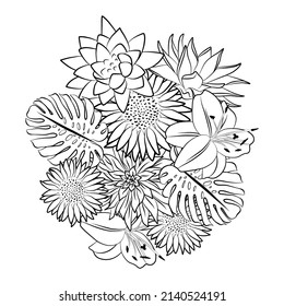 Graphic floral exotic tropical bouquet outline sketch drawing isolated on white vector illustration. Flat black contour flowers. Art therapy, colouring book page template. Botany bloom.