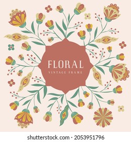 Marco vintage de ilustración botánica de arte folclórico floral. Plantilla mínima para marco decorativo, tarjeta de boda, diseño de invitación, etiqueta de productos de belleza