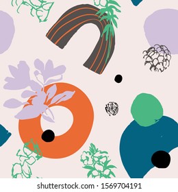 Graphic floral geometric background. Abstract flowers silhouettes, doodles, geometrical shapes seamless pattern. Hand drawn sketch. Vector abstract illustration for package, wallpaper, textile design