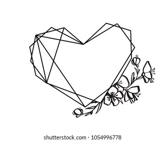 Graphic floral geometry heart frame. Vector leaves and flowers in cute vignette isolated on black background. Wedding, St. Valentines Daystyle decorations