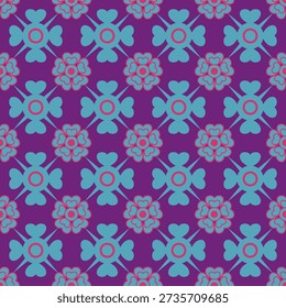 A graphic floral pattern in purple tones combined with diamond shapes. Triangular elements are arranged around the diamonds, alternating with circular motifs, creating a balanced and decorative geometric composition throughout the design.