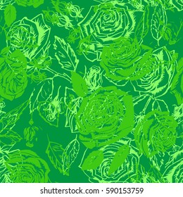Graphic floral pattern roses flowers effect layered background green color. Silhouette floral pattern blossom roses.