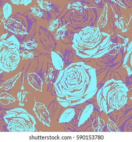 Graphic floral pattern roses flowers effect layered background blue color. Silhouette floral pattern blossom roses.