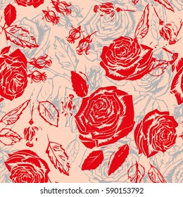 Graphic floral pattern roses flowers effect layered background red color. Silhouette floral pattern blossom roses