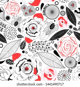 Patrón floral gráfico de rosas y hojas sobre fondo blanco. Plantilla para el diseño de tarjetas de visita, postales o cubiertas.