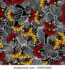 Graphic floral print with African motifs. Ethnic textile collection. On dark background.