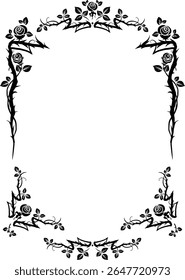 Moldura redonda floral gráfica. Uma decoração elegante com rosas e espinhos. Para capas de livros, convites, saudações e cartazes. Estilo medieval e vitoriano ou castlecore