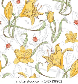 Graphic floral seamless pattern in classic style. Hand-drawn botanical illustration. Retro vector wedding or branding background with lily flowers and ladybirds in yellow and green colors.