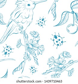 Graphic floral seamless pattern in classic style. Hand-drawn botanical illustration. Retro vector wedding or branding background with birds, flowers, ladybirds in turquoise and blue colors.