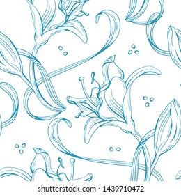 Graphic floral seamless pattern in classic style. Hand-drawn botanical illustration. Retro vector wedding or branding background with lily flowers in turquoise and blue colors.