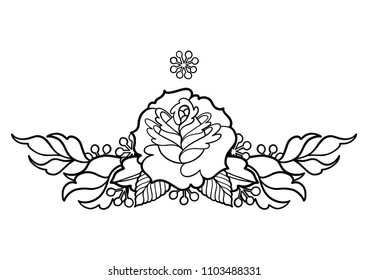 Graphic floral vignette isolated on white background. Vector old school tattoo design. Traditional style. Coloring book page for adults and kids