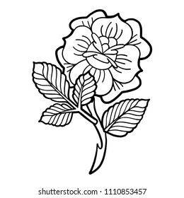 Graphic floral vignette isolated on white background. Vector old school tattoo design. Traditional style. Coloring book page for adults and kids