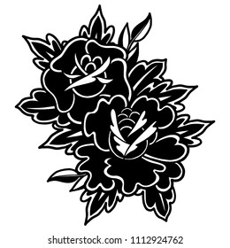 Graphic floral vignette isolated on white background. Vector old school tattoo design. Traditional style