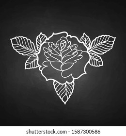 Graphic floral vignette isolated on the chalkboard background. Vector old school tattoo design. Traditional style