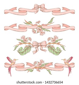Graphic floral vintage frame in oriental style. Hand-drawn botanical illustration. Retro vector wedding or branding border with bird, flowers, feathers and ribbons in pink and green colors.