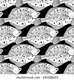Graphic flounder seamless pattern. Sea and ocean vector creatures. Coloring page design