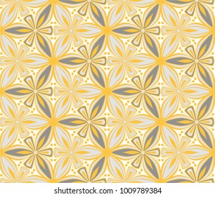 graphic flower arabesque pattern vector illustration. mandala ornament. grey, black and yellow geometric floral line oriental seamless pattern. flower of life background for fabric, wallpaper design