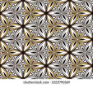 graphic flower arabesque pattern vector illustration. mandala ornament. grey, black and yellow geometric floral line oriental seamless pattern. flower of life background for fabric, wallpaper design
