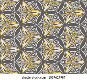 graphic flower arabesque pattern vector illustration. mandala ornament. grey, black and yellow geometric floral line oriental seamless pattern. flower of life background for fabric, wallpaper design