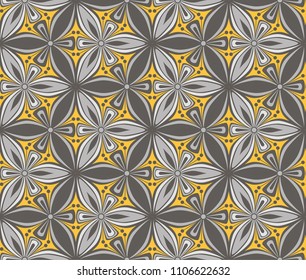 graphic flower arabesque pattern vector illustration. mandala ornament. grey, black and yellow geometric floral oriental seamless pattern. flower of life background for fabric, wallpaper design