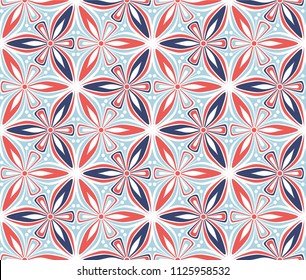 graphic flower arabesque pattern vector illustration. mandala ornament. blue and red geometric floral line oriental seamless pattern. flower of life background for fabric, wallpaper design