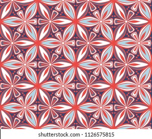 graphic flower arabesque pattern vector illustration. mandala ornament. blue and red geometric floral line oriental seamless pattern. flower of life background for fabric, wallpaper design