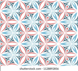 graphic flower arabesque pattern vector illustration. mandala ornament. blue and red geometric floral line oriental seamless pattern. flower of life background for fabric, wallpaper design