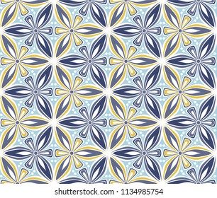 graphic flower arabesque pattern vector illustration. mandala ornament. blue and yellow geometric floral line oriental seamless pattern. flower of life background for fabric, wallpaper design