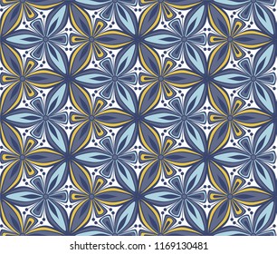 graphic flower arabesque pattern vector illustration. mandala ornament. blue and yellow geometric floral line oriental seamless pattern. flower of life background for fabric, wallpaper design