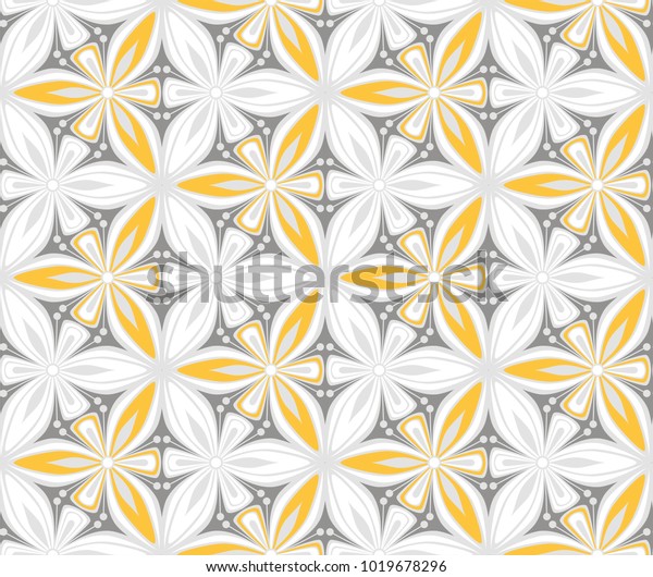 グラフィックフラワーの唐草模様 のベクターイラスト 曼荼羅の装飾 グレー 黒 黄色の幾何学的な花柄のライン 東洋のシームレスなパターン 生き生きとした背景に花 壁紙デザイン のベクター画像素材 ロイヤリティフリー