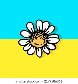 Graphic flower daisy with white petals on  blue and yellow flag . Ukrainian symbol, ethnic, flag. Concept of Ukrainian fight for freedom. 