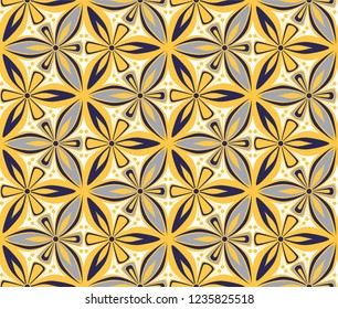 graphic flower pattern vector illustration. arabesque mandala ornament. grey, black and yellow geometric floral oriental seamless pattern. flower of life background for fabric, wallpaper design