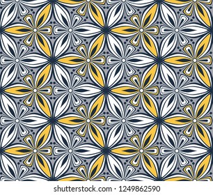 graphic flower pattern vector illustration. arabesque mandala ornament. grey, black and yellow geometric floral oriental seamless pattern. flower of life background for fabric, wallpaper design