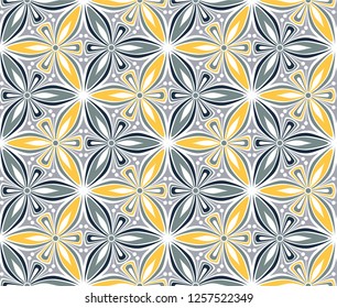graphic flower pattern vector illustration. arabesque mandala ornament. grey, black and yellow geometric floral oriental seamless pattern. flower of life background for fabric, wallpaper design