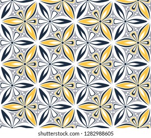 graphic flower pattern vector illustration. arabesque mandala ornament. grey, black and yellow geometric floral oriental seamless pattern. flower of life background for fabric, wallpaper design