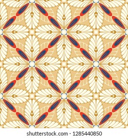 graphic flower pattern vector illustration. gold and red geometric floral line chinese seamless pattern. spring cherry flower background, wallpaper design mandala ornament.