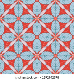 graphic flower pattern vector illustration. geometric floral print, coral color oriental seamless pattern. spring cherry flower background, wallpaper design mandala ornament.