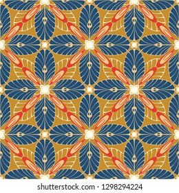 graphic flower pattern vector illustration. gold and red geometric floral line chinese seamless pattern. spring cherry flower background, wallpaper design mandala ornament.