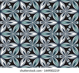graphic flower pattern vector illustration. mandala ornament. grey, black and blue geometric floral line oriental seamless pattern. flower of life background for fabric, wallpaper design