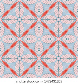 graphic flower pattern vector illustration. geometric floral print, coral color oriental seamless pattern. spring cherry flower background, wallpaper design mandala ornament.