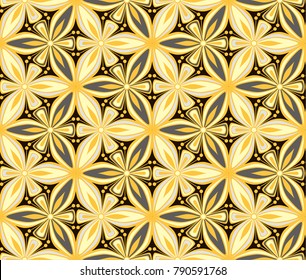 graphic flower pattern vector illustration. traditional ornament. grey, black and yellow geometric floral line oriental seamless pattern. flower of life background for fabric, wallpaper design texture