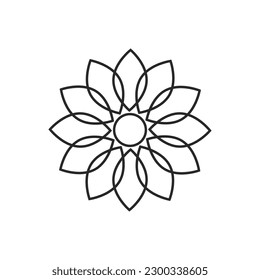 Graphic flower of round shape in line art style. Isolated vector floral element. Graphic symbol logo or tattoo.