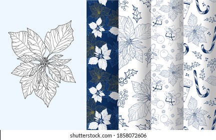 Grafikblume. Zusammenstellung nahtloser Winterhintergründe mit Zeichnungen einer festlichen Atmosphäre im Doodle-Stil: zarte Poinsettiblume und ein Ast mit Beeren, Schneeflocken, Kakao, Glocke, Glocke.
