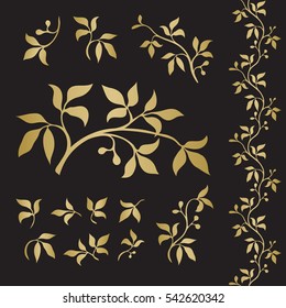 Graphic flower silhouettes and border in gold color on black background